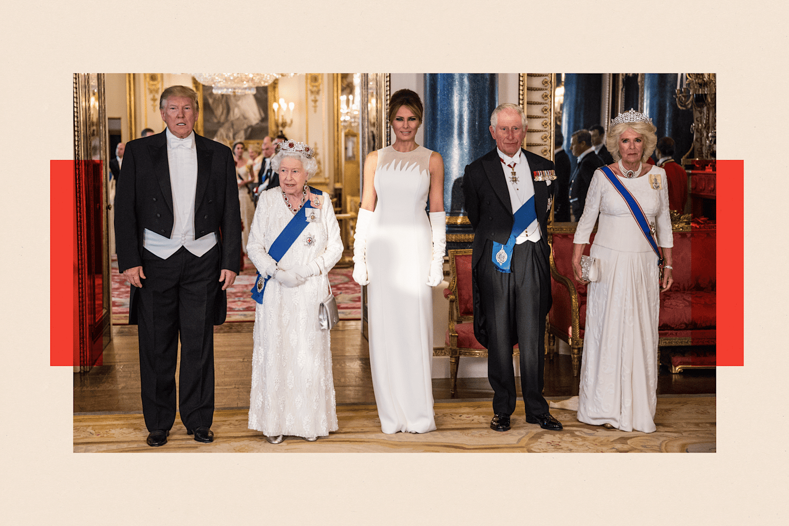 Donald Trump and Melania Trump during a formal UK state visit with Queen Elizabeth II and Prince Philip at a royal palace