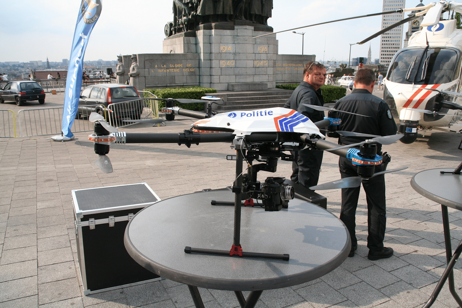 Police surveillance drone equipped with camera technology on display during a security operation